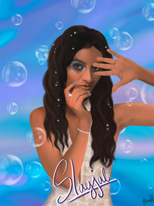 Illustrated portrait of Sejal with blue bubbles